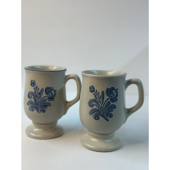 VTG Pfaltzgraff USA YORKETOWN Gray Blue Pedestal Footed Mugs W/ Handle Set of 2 - Picture 2 of 8